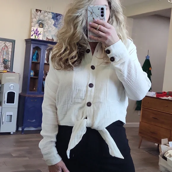 Free People Sun Streaks Tie Front Shirt Top Brown Front Buttons Size Small - Picture 9 of 11